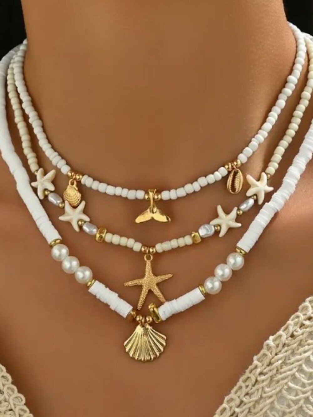 3 Layer White Rice Bead Necklace Starfish Scallop Fishtail Boho Beach Accessory